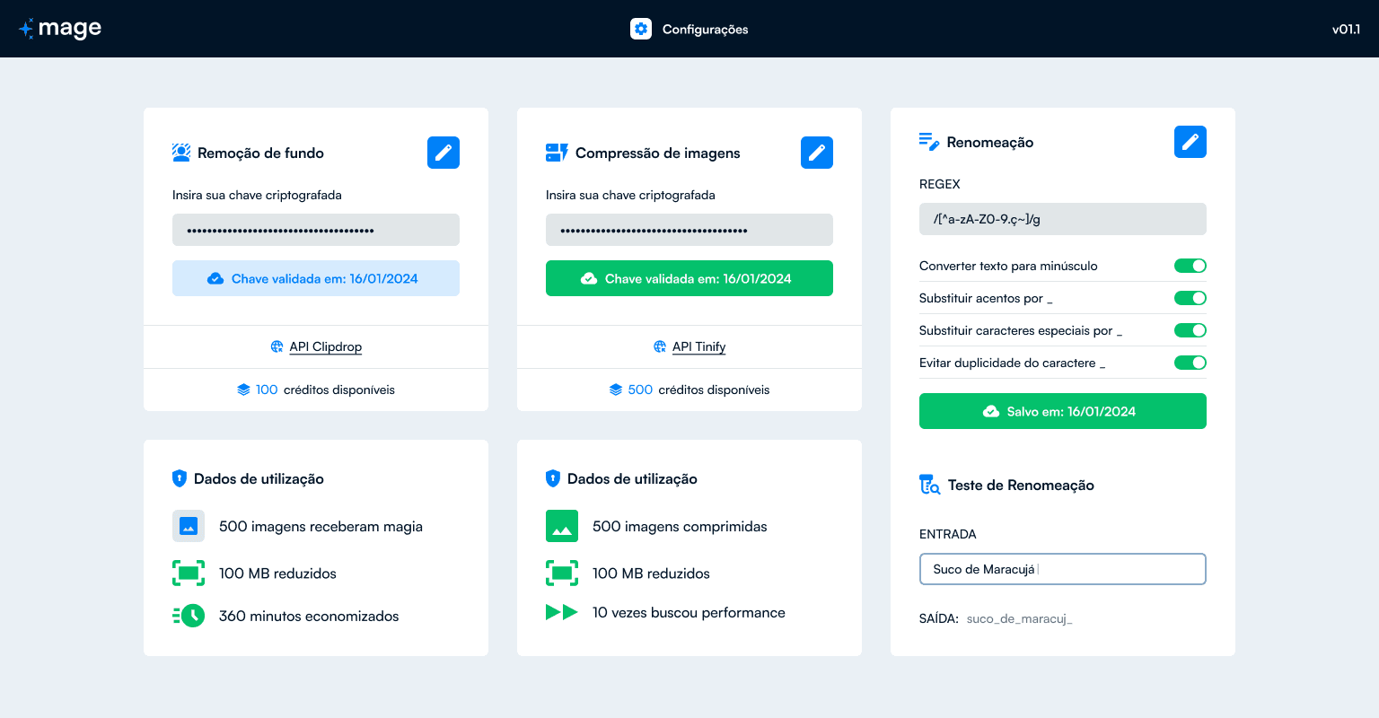 Tela de configurações do MAGE