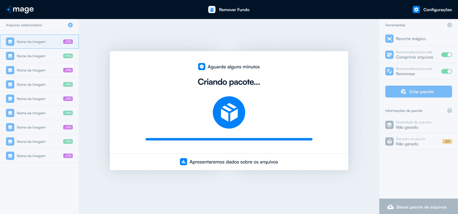 Progresso da criação de pacote no MAGE